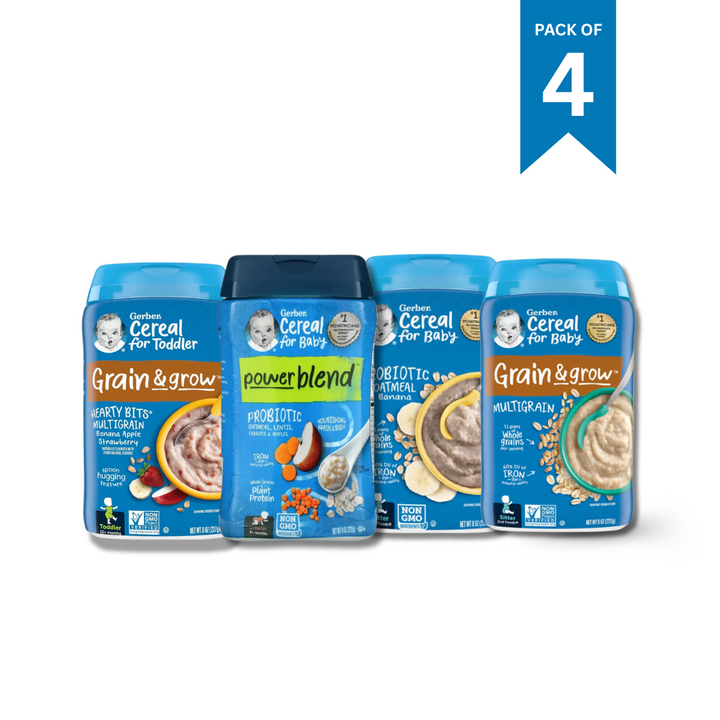 Gerber Cereal Variety Pack (Grain & Grow Multigrain + Hearty Bits Multigrain, Banana, Apple & Strawberry + Power Blend Probiotic Oatmeal, Lentil, Carrot & Apple + Probiotic Oatmeal & Banana) (4 x 227g)