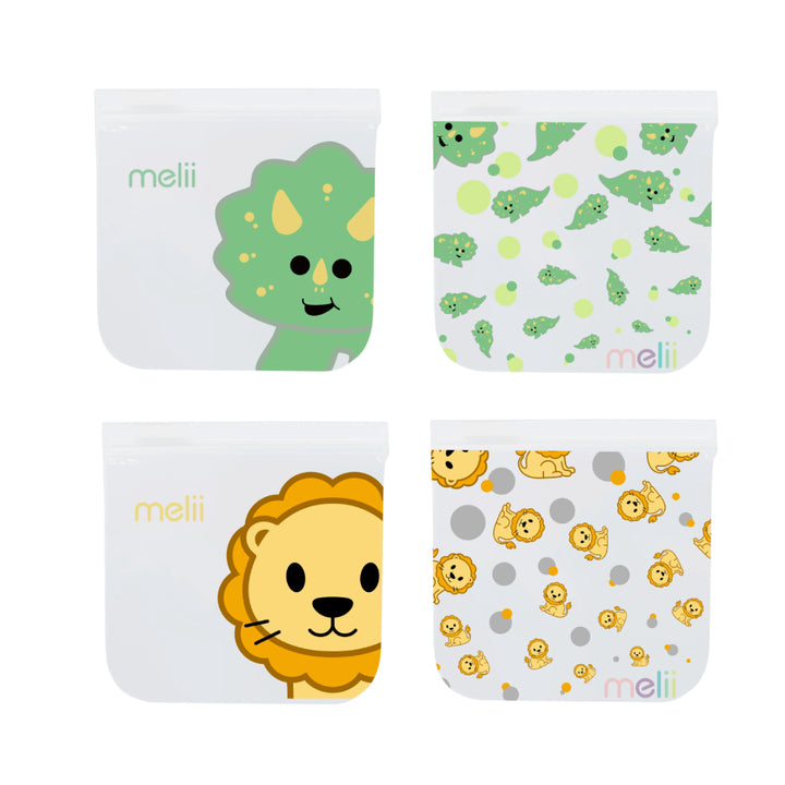 melii Reusable Snack Bags with Zip Closure - 4 pack (2 Dino + 2 Lion)
