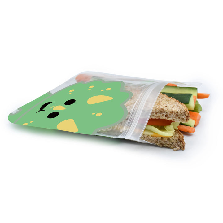 melii Reusable Snack Bags with Zip Closure - 4 pack (2 Dino + 2 Lion)