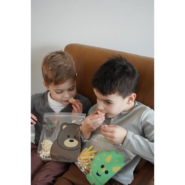 melii Reusable Snack Bags with Zip Closure - 4 pack (2 Dino + 2 Lion)