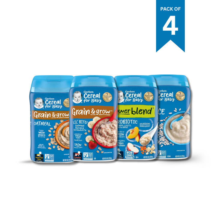 Gerber Cereal Variety Pack (Grain & Grow Oatmeal + Lil' Bits Oatmeal, Banana & Strawberry + Power Blend Probiotic Oatmeal, Lentil, Peach & Apple + Rice) (4 x 227g)