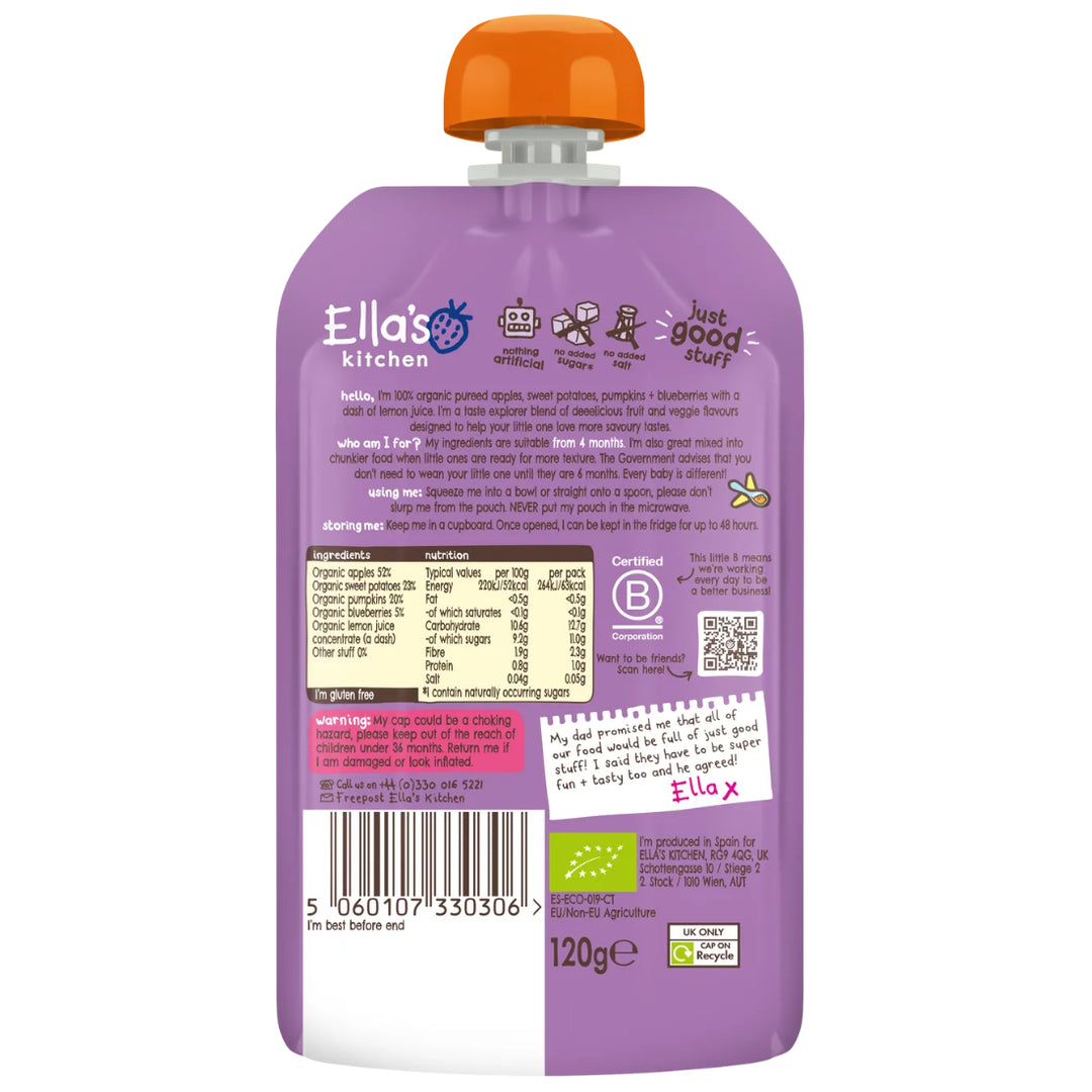 Ella's Kitchen Puree Sweet Potatoes, Pumpkins, Apples + Blueberries (120g)
