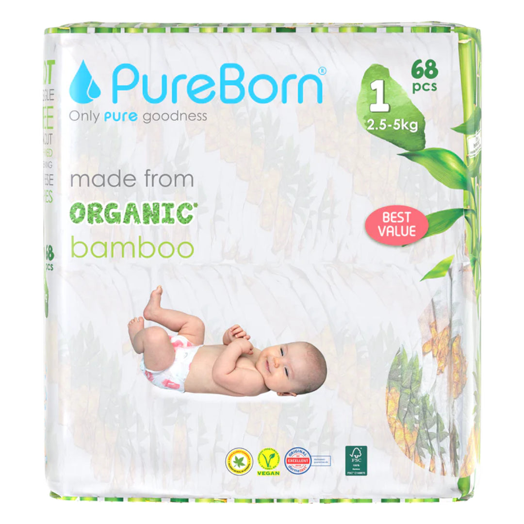 PureBorn Organic Bamboo Diapers Size 1 (2.5-5KG)