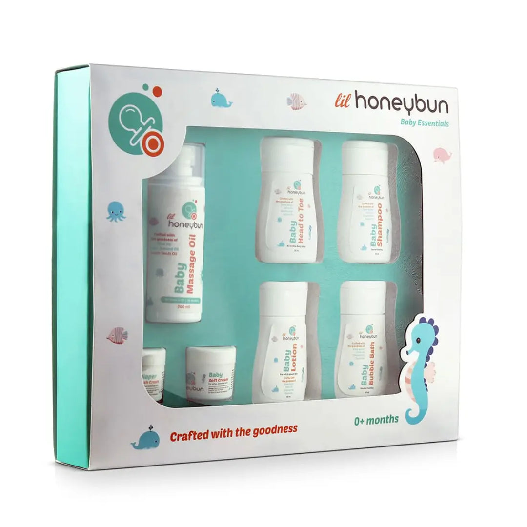 lil honeybun Baby Kit with Complete Care Essentials | Head to Toe, Bubble Bath, Shampoo, Lotion, Massage Oil, Diaper Rash Cream, and Soft Cream