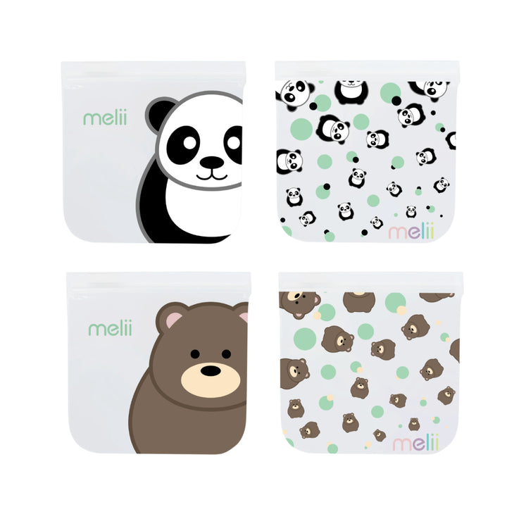 melii Reusable Snack Bags with Zip Closure - 4 pack (2 Panda + 2 Bear)