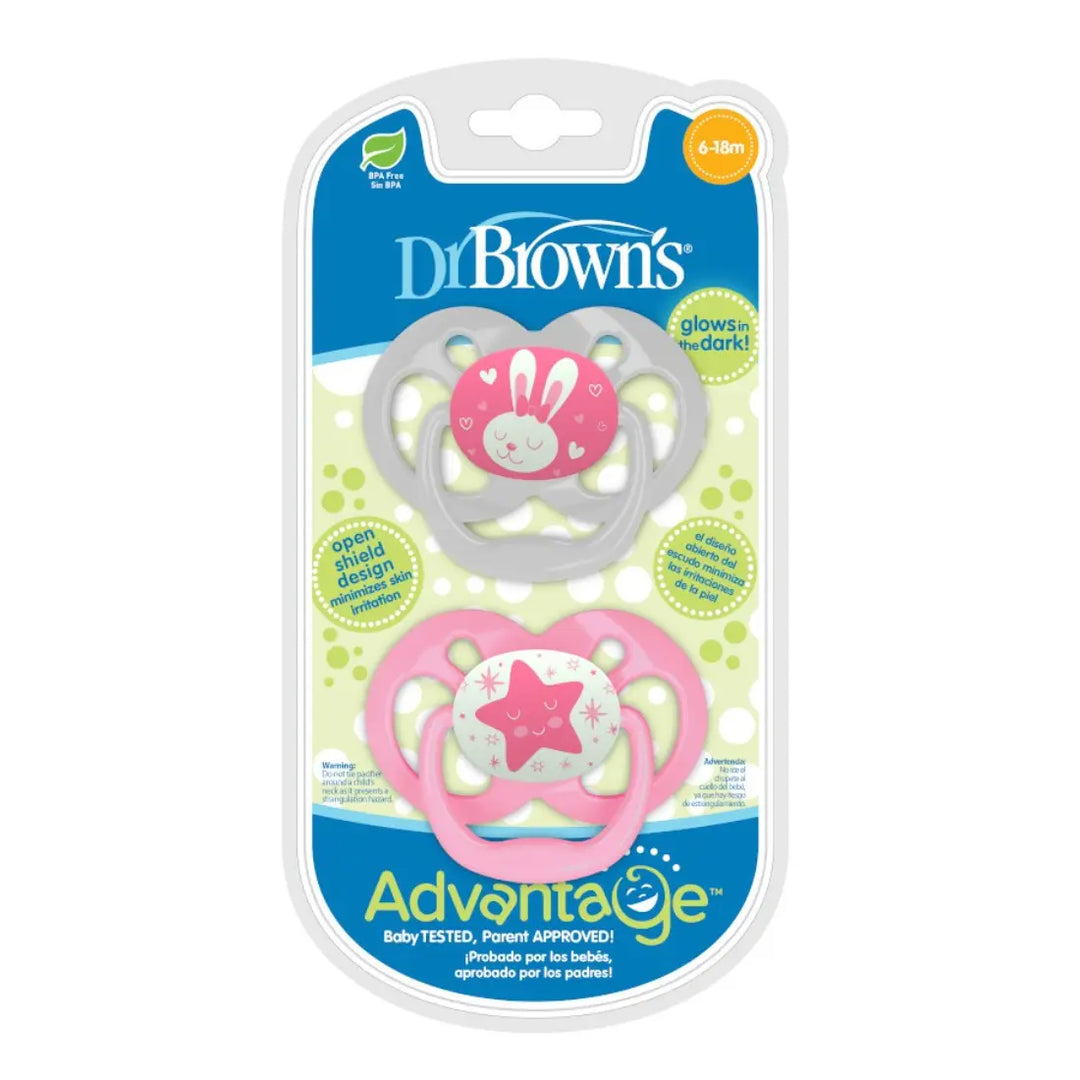 Dr. Brown's Advantage Pacifiers Stage 1 Glow In The Dark Pack Of 2 (Pink)