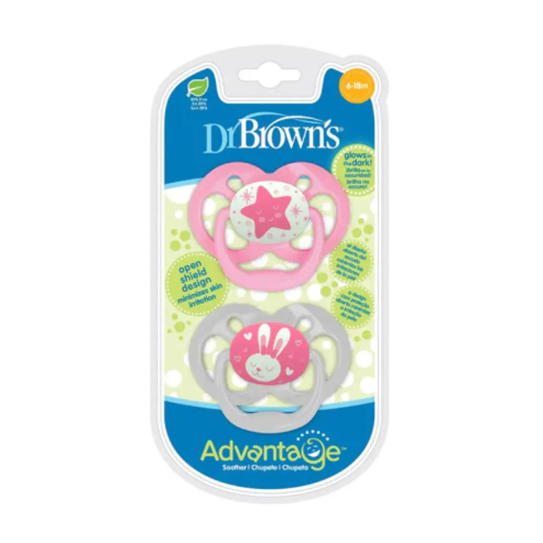 Dr. Brown's Advantage Pacifiers Stage 2 Glow In The Dark Pack Of 2 (Pink)