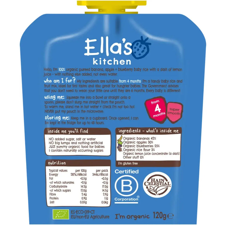 Ella's Kitchen Puree Banana, Apple + Blueberry Baby Rice (100g)