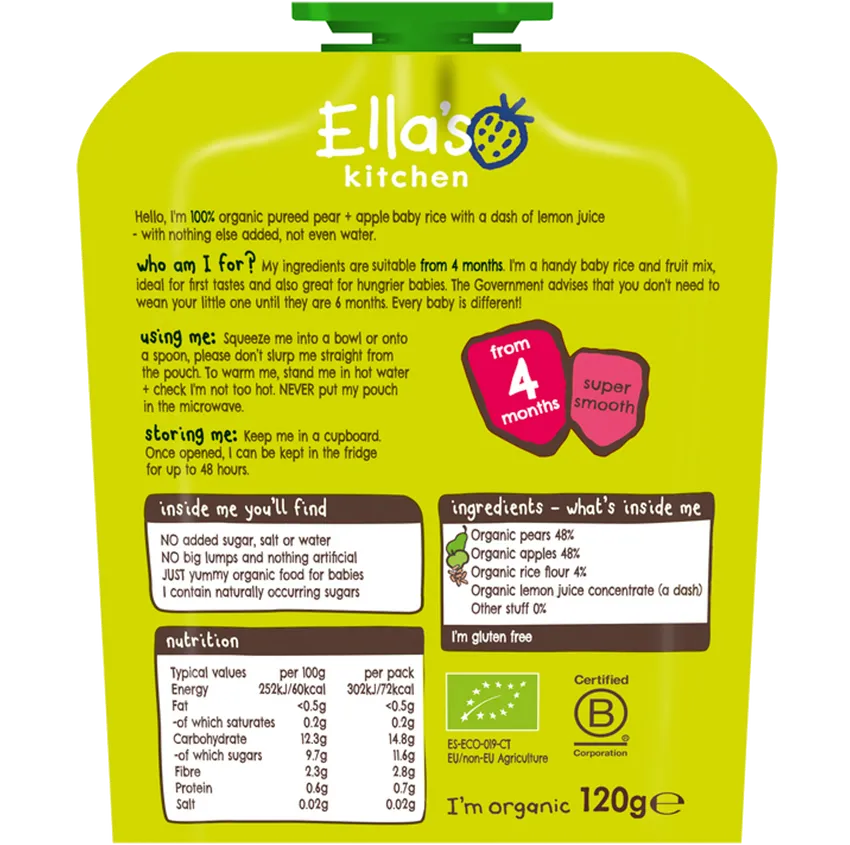 Ella's Kitchen Puree Pears + Apple Baby Rice (120g)