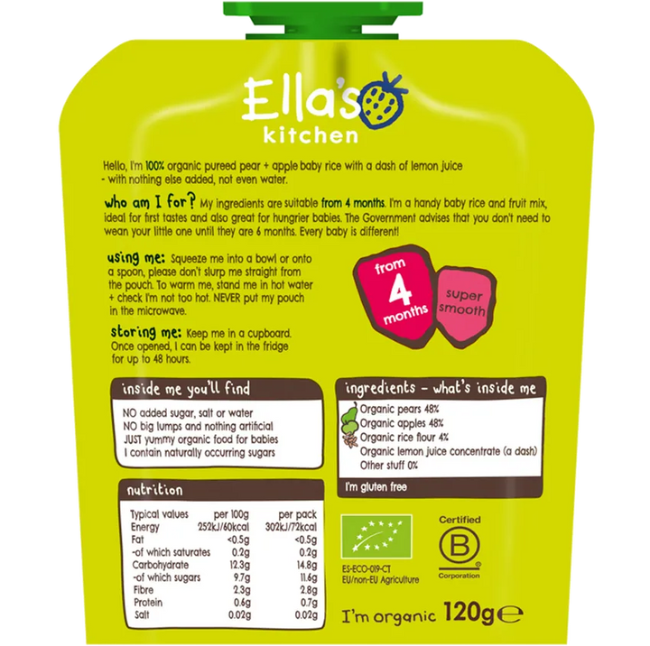 Ella's Kitchen Puree Pears + Apple Baby Rice (120g)