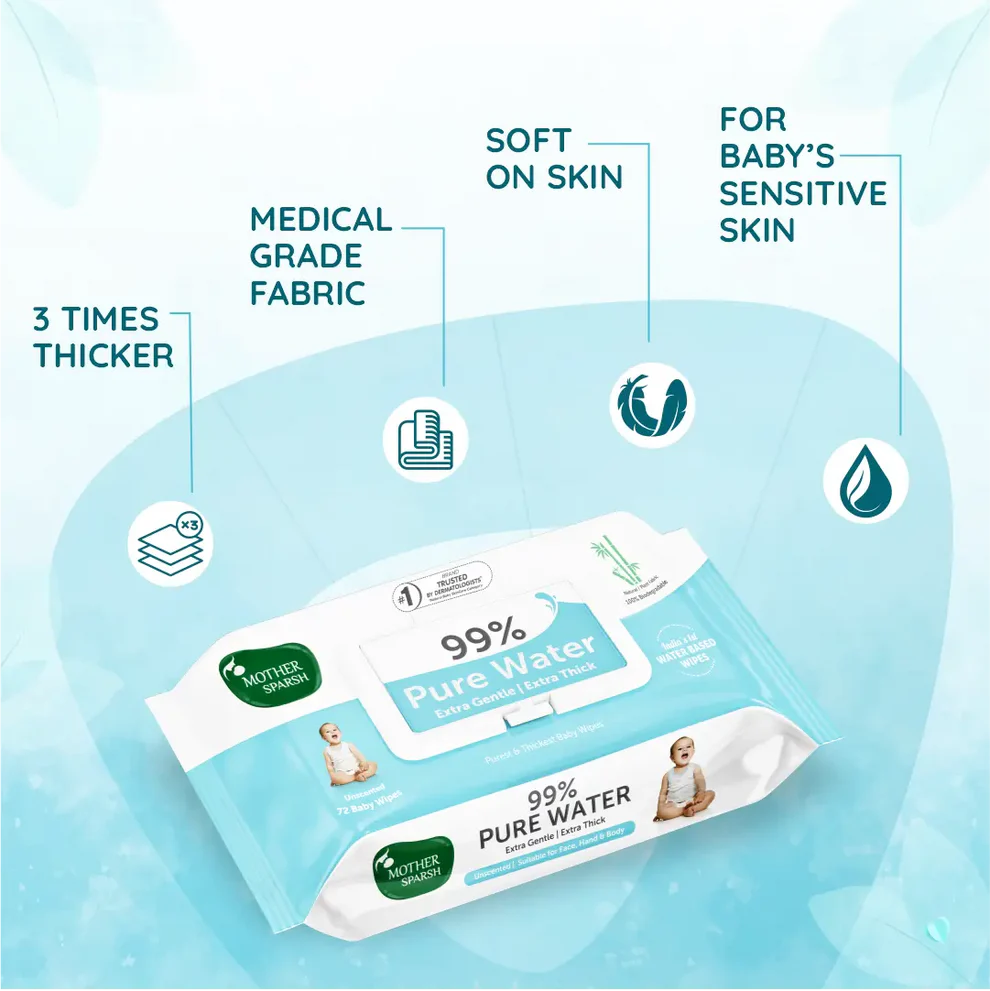 Mother Sparsh 99% Pure Water Unscented Baby Wipes - Medical Grade Fabric (72 pcs)