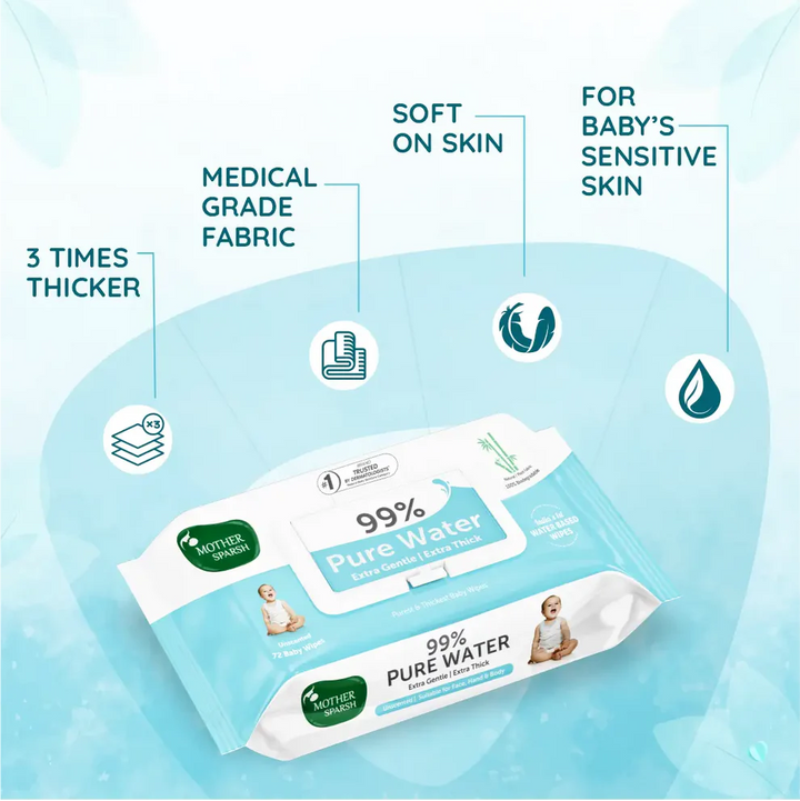 Mother Sparsh 99% Pure Water Unscented Baby Wipes - Medical Grade Fabric (72 pcs)