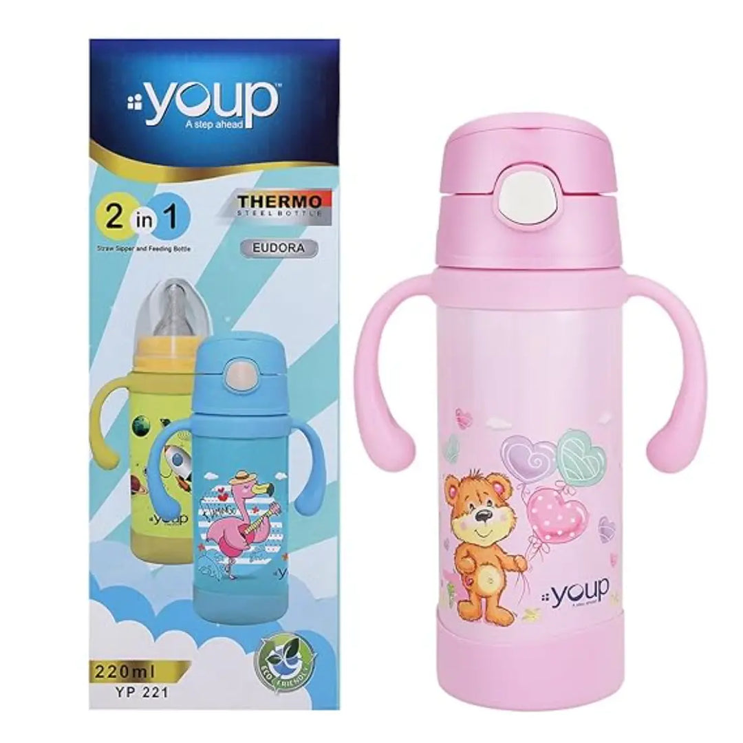 Youp 2in1 Stainless Steel Straw Sipper & Feeding Bottle - Eudora (220 ml) - Pink