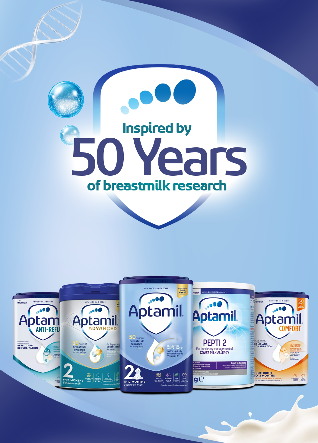 Aptamil formula milk range - Classic, Advanced, Pepti, Comfort and Anti-Reflux, inspired by 50 years of breastmilk research