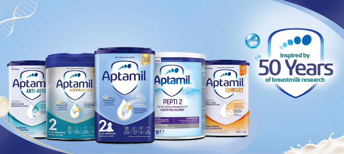 Aptamil formula milk range - Classic, Advanced, Pepti, Comfort and Anti-Reflux, inspired by 50 years of breastmilk research.