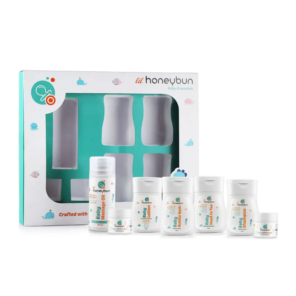 lil honeybun Baby Kit with Complete Care Essentials | Head to Toe, Bubble Bath, Shampoo, Lotion, Massage Oil, Diaper Rash Cream, and Soft Cream